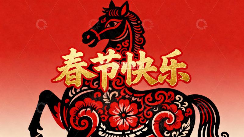 高清大图下载【趣麦麦图】春节剪纸马图案祝福画面