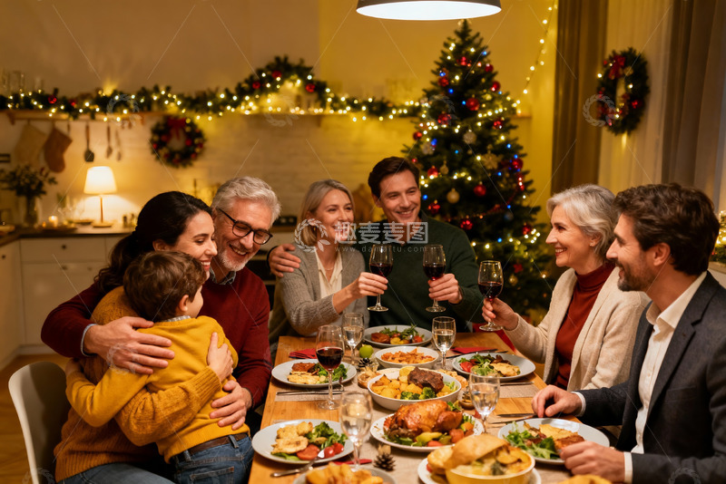 高清大图下载【趣麦麦图】圣诞家庭聚餐温馨场景