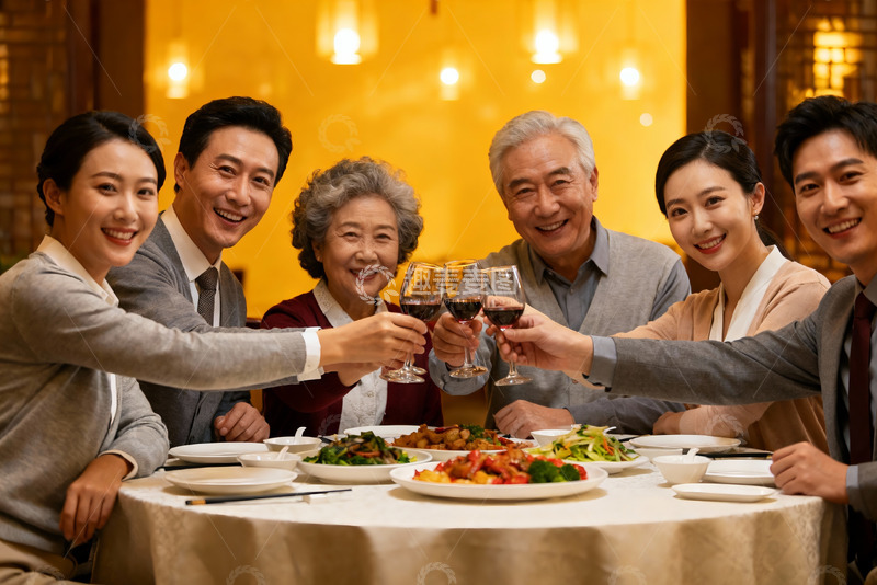 高清大图下载【趣麦麦图】家庭聚餐举杯欢庆