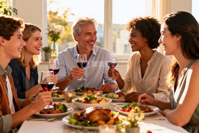 高清大图下载【趣麦麦图】多人聚餐欢笑举杯共享美食