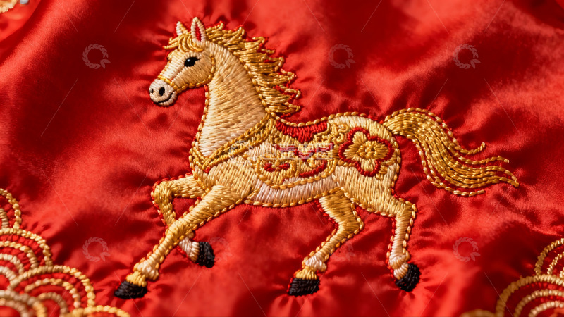 高清大图下载【趣麦麦图】红色布料上的金色马刺绣图案