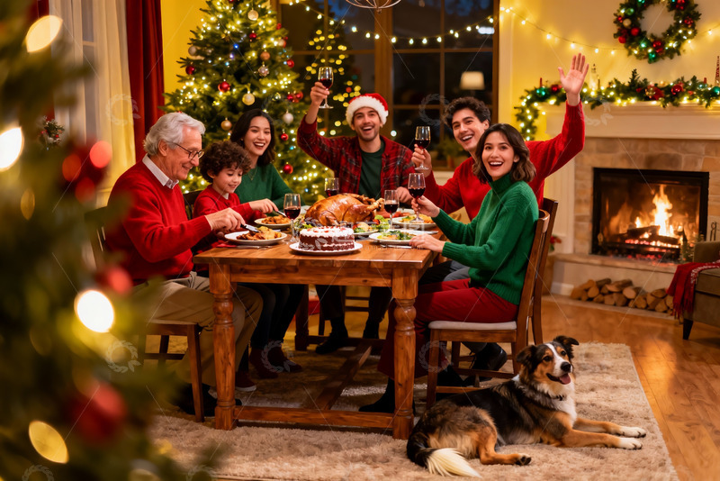 高清大图下载【趣麦麦图】圣诞家庭聚餐温馨场景