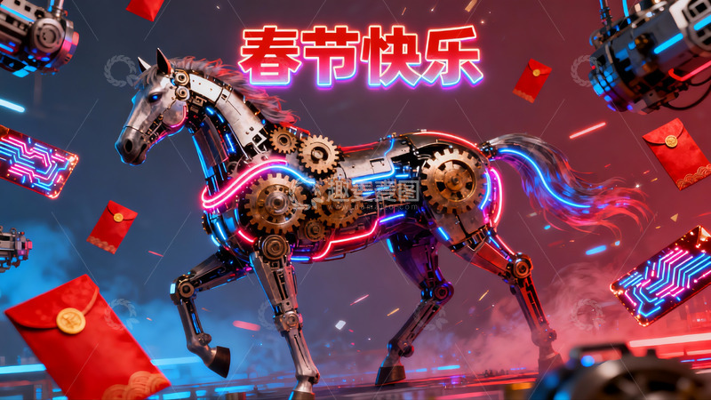 高清大图下载【趣麦麦图】机械马迎新春创意设计