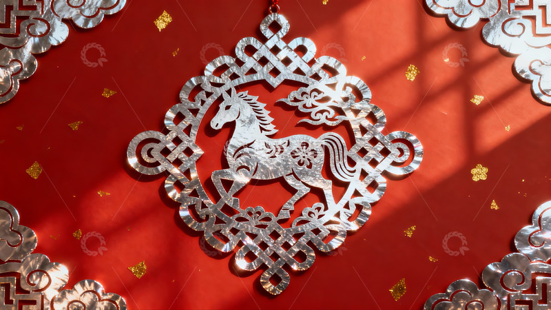 高清大图下载【趣麦麦图】红色背景上的银色马形剪纸