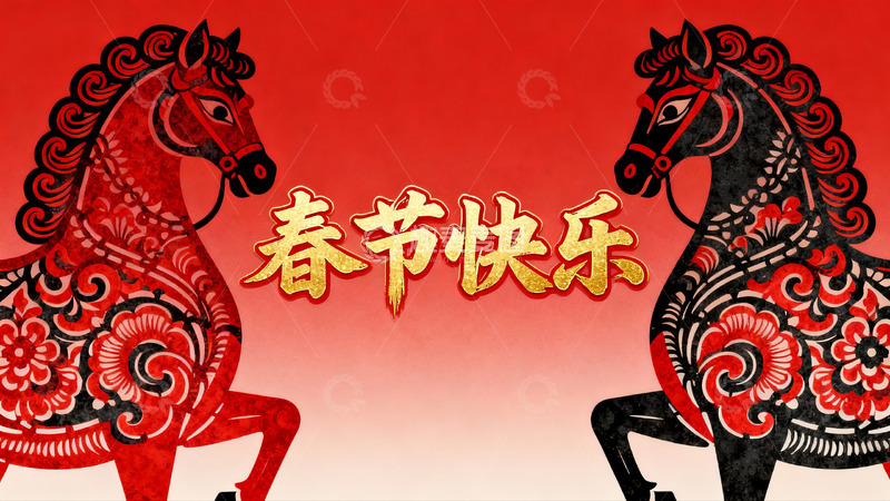 高清大图下载【趣麦麦图】春节剪纸马图案祝福画面