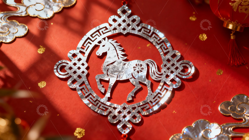 高清大图下载【趣麦麦图】红色背景上的马形剪纸装饰
