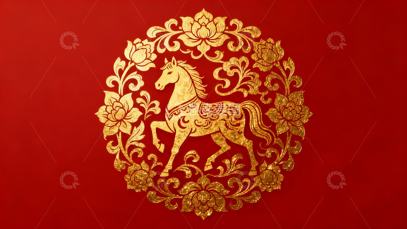 高清大图下载【趣麦麦图】红色背景金色马纹图案