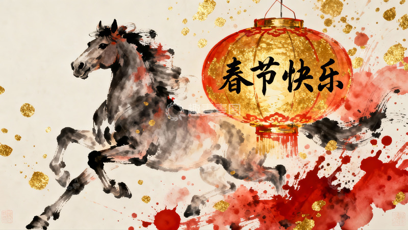 高清大图下载【趣麦麦图】水墨骏马灯笼春节贺图