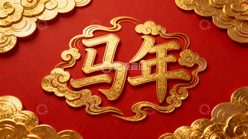 高清大图下载【趣麦麦图】红色背景金色马年字样装饰
