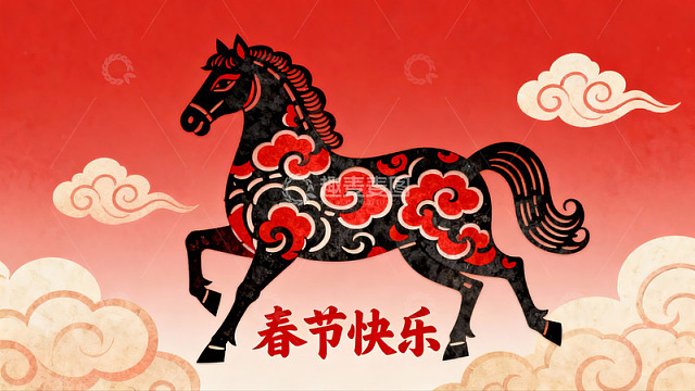 春节剪纸马图案祝福画面
