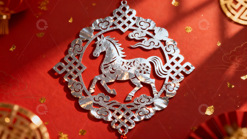 高清大图下载【趣麦麦图】红色背景上的银色马形剪纸装饰