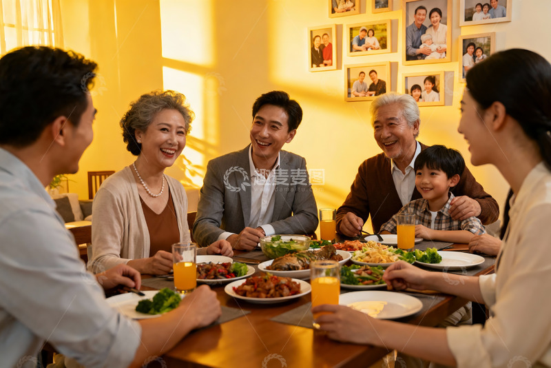 高清大图下载【趣麦麦图】三代同堂温馨聚餐家庭场景