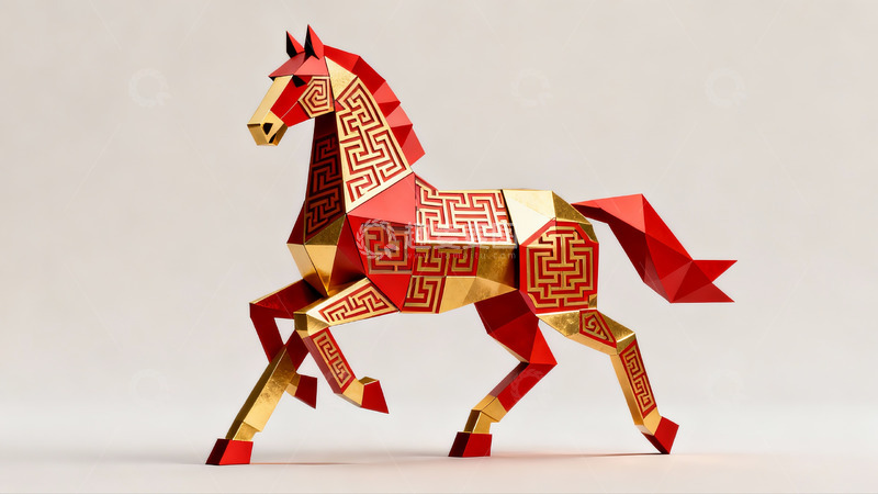 高清大图下载【趣麦麦图】红色金色几何马艺术造型