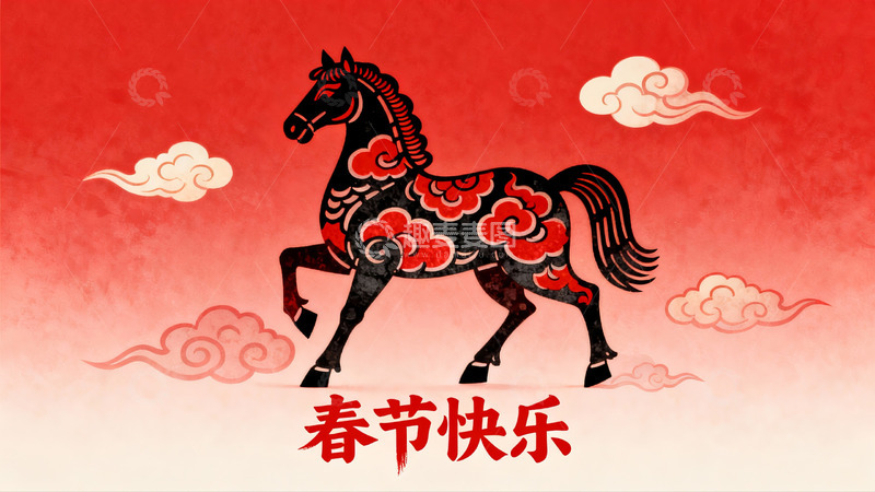 高清大图下载【趣麦麦图】红色背景上的祥云马图案