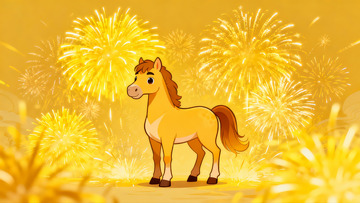 卡通马与烟花庆祝场景