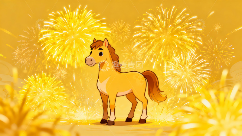 高清大图下载【趣麦麦图】卡通马与烟花庆祝场景