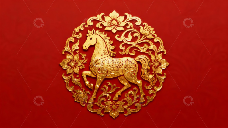 高清大图下载【趣麦麦图】红色背景金色马纹样图案