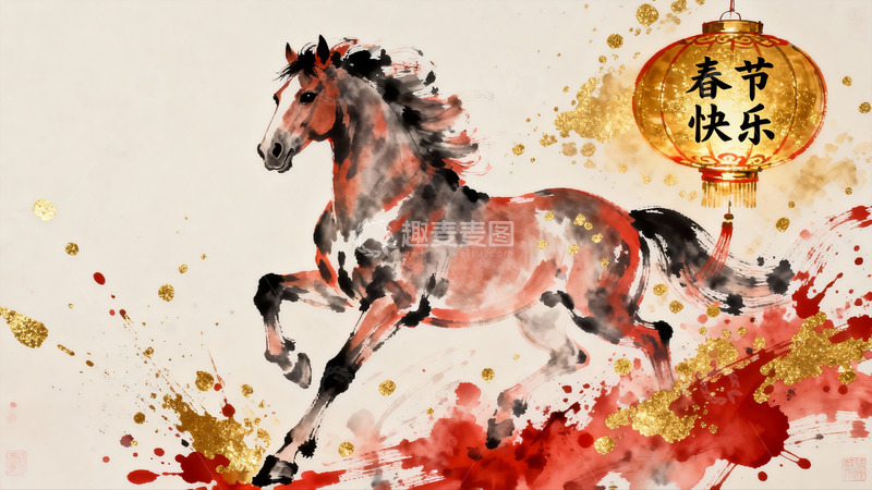高清大图下载【趣麦麦图】水墨骏马迎春灯笼
