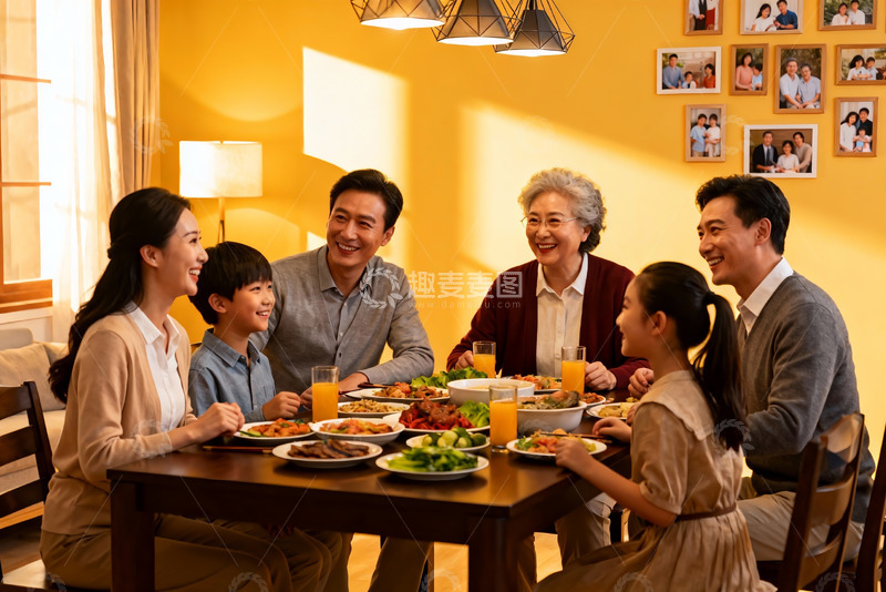 高清大图下载【趣麦麦图】三代同堂家庭聚餐温馨场景
