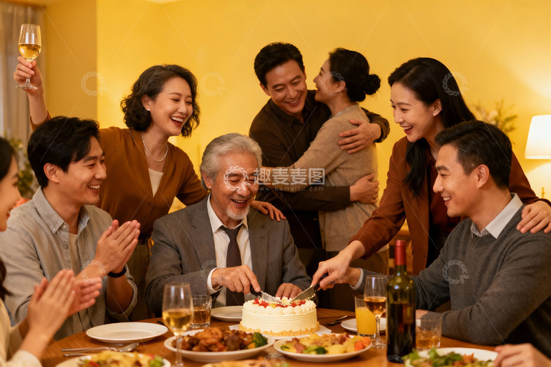 高清大图下载【趣麦麦图】家庭聚会切蛋糕欢乐场景