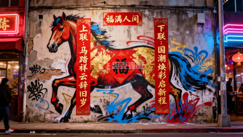 高清大图下载【趣麦麦图】街头壁画展现骏马新春祝福