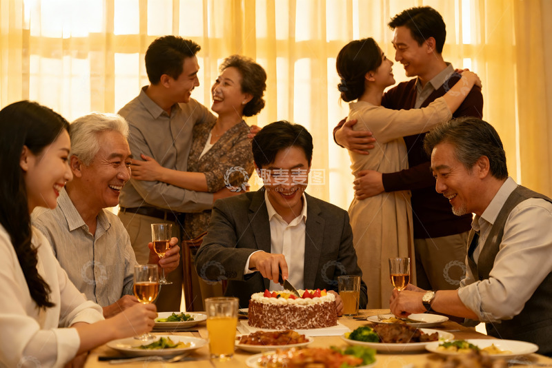 高清大图下载【趣麦麦图】家庭聚会切蛋糕温馨场景