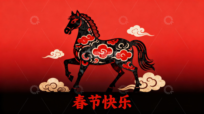 高清大图下载【趣麦麦图】红色背景上的剪纸马图案