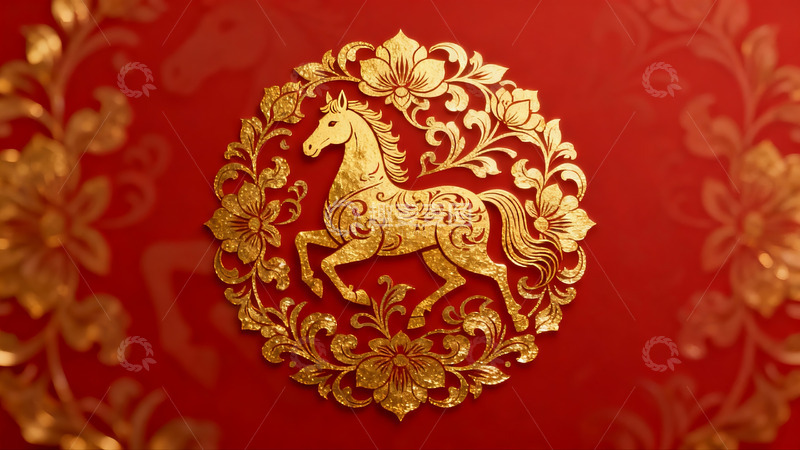 高清大图下载【趣麦麦图】金色骏马剪纸艺术图案