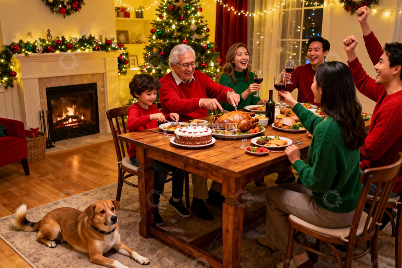 高清大图下载【趣麦麦图】圣诞家庭聚餐温馨场景