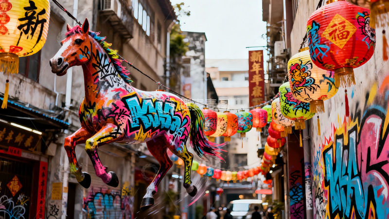 高清大图下载【趣麦麦图】街头彩绘马与灯笼装饰