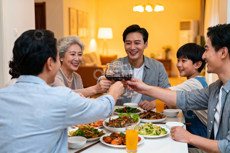 高清大图下载【趣麦麦图】家庭聚餐举杯欢庆