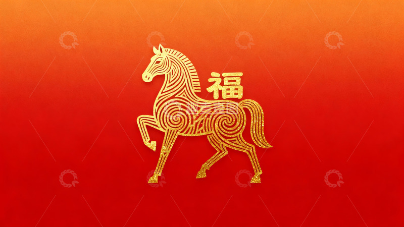 高清大图下载【趣麦麦图】红色背景金色马形剪纸图案