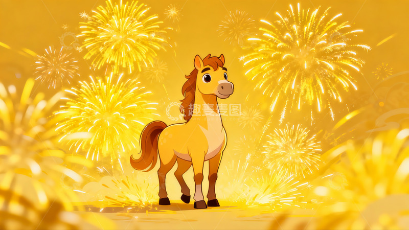 高清大图下载【趣麦麦图】卡通马烟花背景庆祝画面