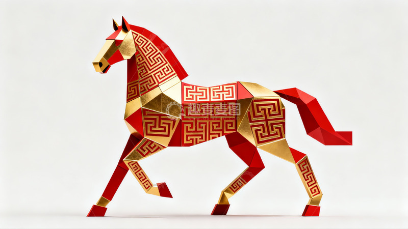 高清大图下载【趣麦麦图】红金几何马形折纸艺术品