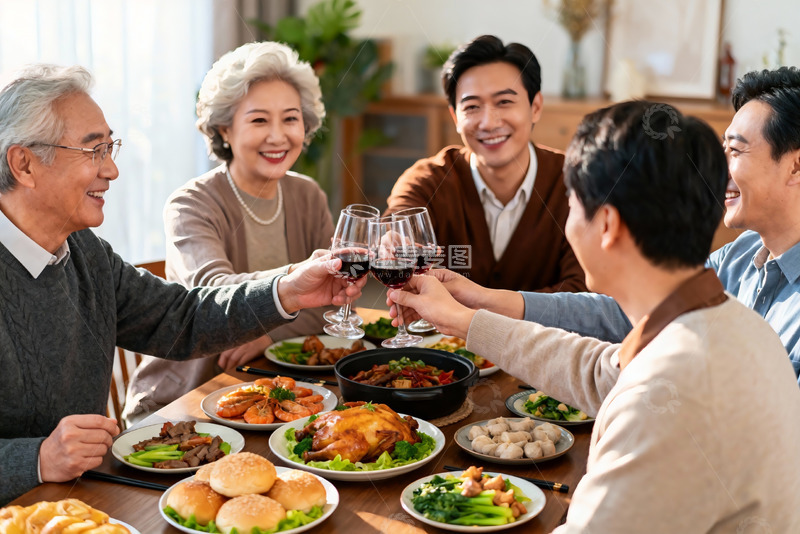 高清大图下载【趣麦麦图】三代同堂家庭聚餐举杯欢庆
