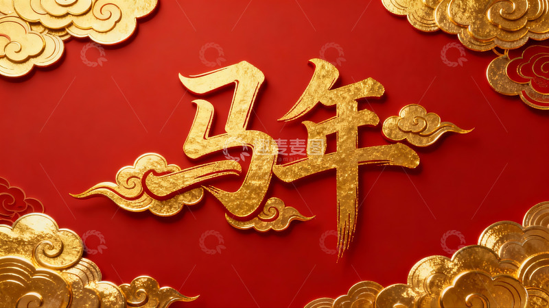 高清大图下载【趣麦麦图】红色背景金色马年字样装饰图案