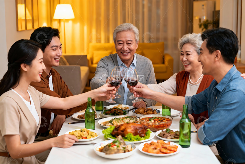 高清大图下载【趣麦麦图】三代同堂家庭聚餐欢庆时刻
