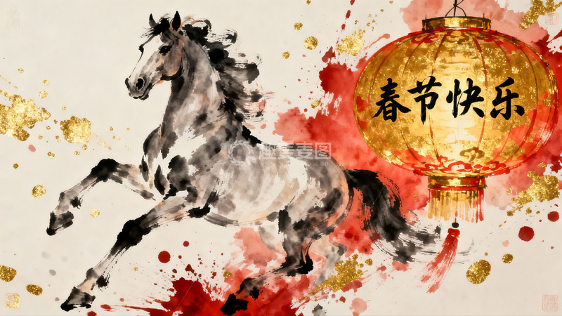 高清大图下载【趣麦麦图】水墨骏马灯笼春节贺图