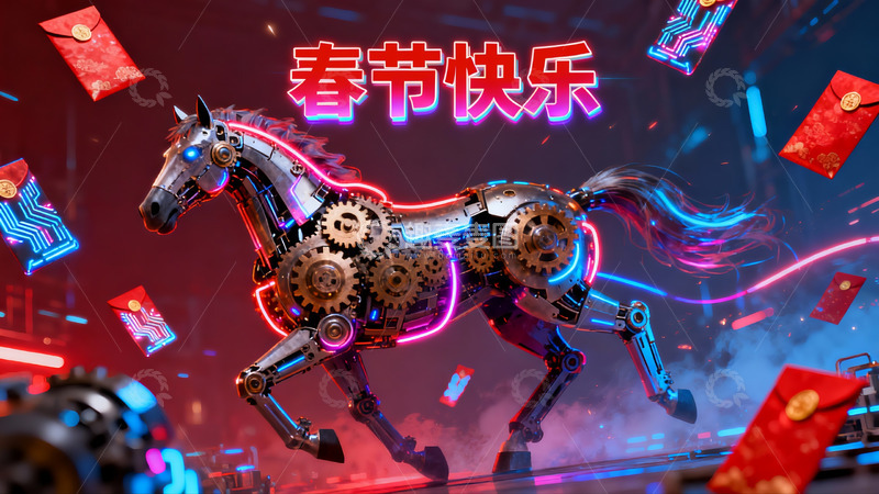 高清大图下载【趣麦麦图】机械马迎新春创意设计
