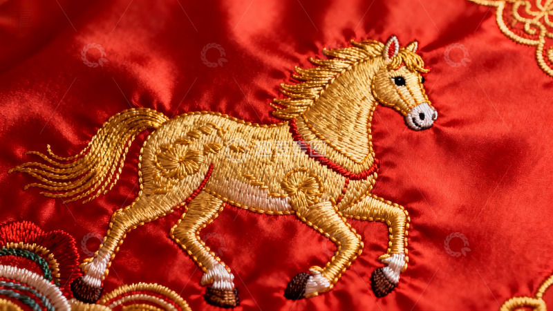高清大图下载【趣麦麦图】红色布料上的金色马刺绣图案