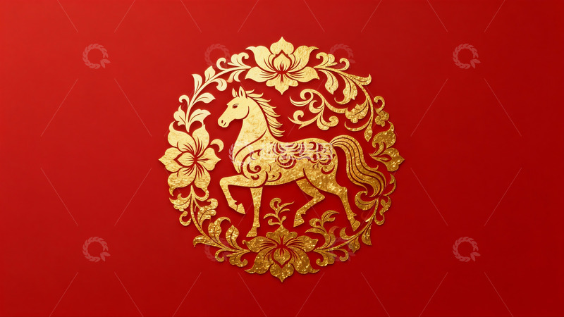 高清大图下载【趣麦麦图】红色背景金色马纹样图案