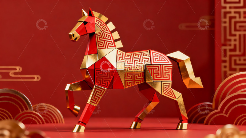 高清大图下载【趣麦麦图】红金相间的立体马雕塑
