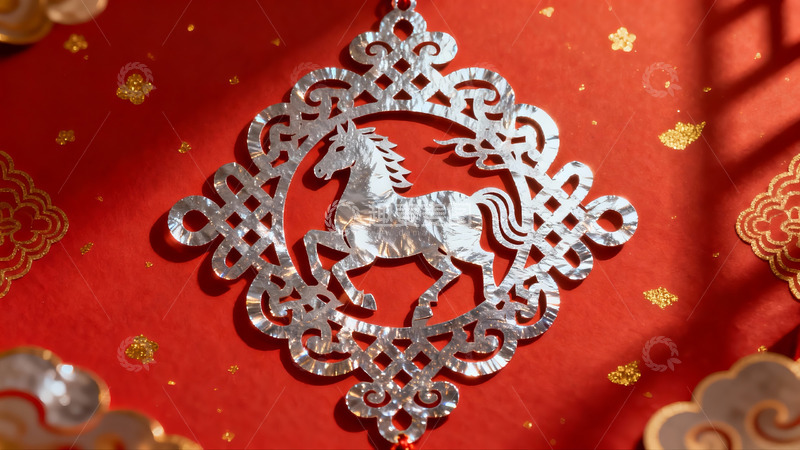 高清大图下载【趣麦麦图】红色背景上的银色马形剪纸装饰