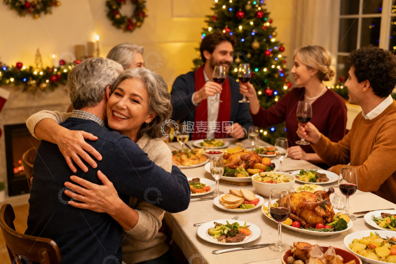 高清大图下载【趣麦麦图】圣诞家庭聚餐温馨拥抱
