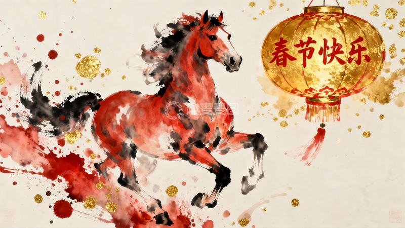 高清大图下载【趣麦麦图】春节骏马灯笼水墨画