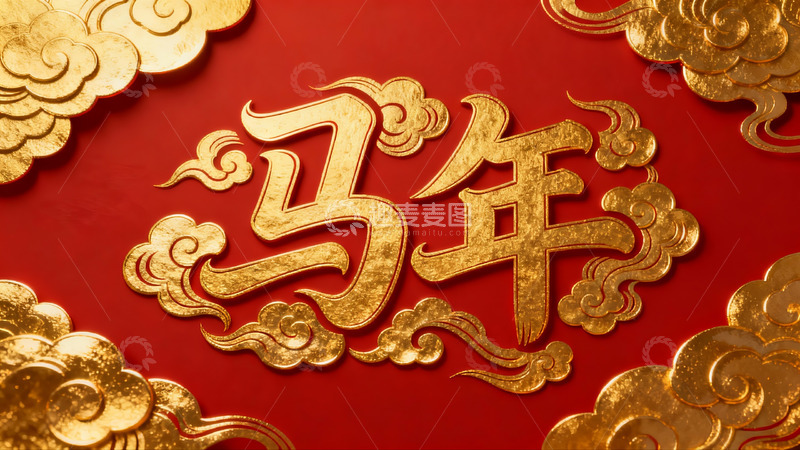 高清大图下载【趣麦麦图】红色背景金色马年字样装饰