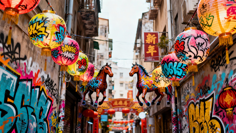 高清大图下载【趣麦麦图】涂鸦巷道挂彩灯马装饰