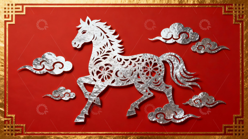 高清大图下载【趣麦麦图】红色背景上的银色马剪纸艺术