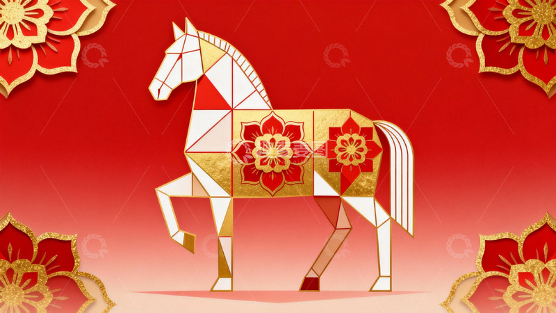 高清大图下载【趣麦麦图】红色背景上的金色马形剪纸艺术