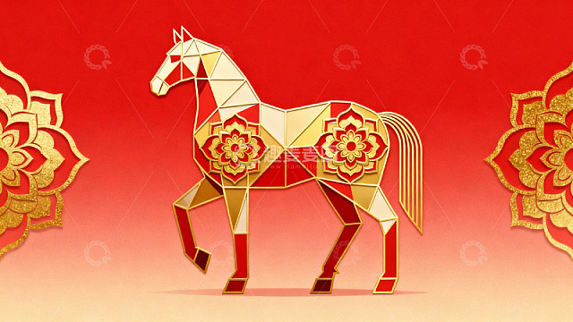 红色背景上的金色几何马图案